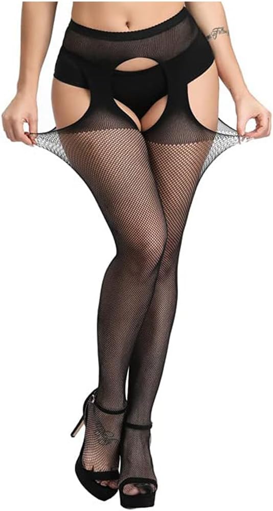 Sexy Black Fishnet Garter Pantyhose|One-Piece Suspender Stockings with Open Crotch|High-Waist Lingerie Tights for Women