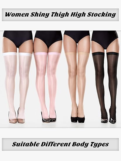 4 Pairs Shiny Thigh High Stockings Shimmery Silk Sheer over the Knee Stockings for Women Halloween Cosplay
