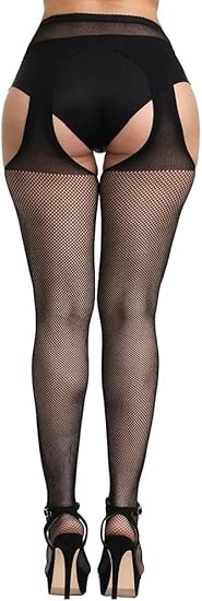 Sexy Black Fishnet Garter Pantyhose｜One-Piece Suspender Stockings with Open Crotch｜High-Waist Lingerie Tights for Women