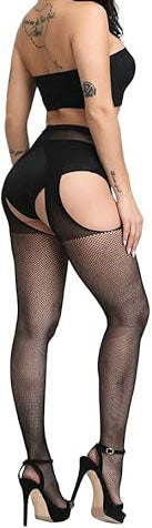 Sexy Black Fishnet Garter Pantyhose｜One-Piece Suspender Stockings with Open Crotch｜High-Waist Lingerie Tights for Women