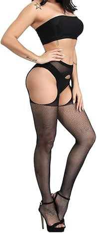 Sexy Black Fishnet Garter Pantyhose｜One-Piece Suspender Stockings with Open Crotch｜High-Waist Lingerie Tights for Women