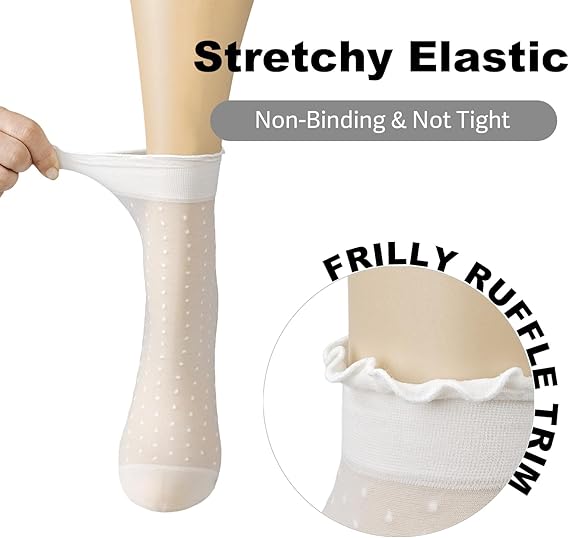 12 Pairs Women's Sheer Ruffle Socks Nude Stocking Summer Ultra Thin Cool See Through Silk Ankle Socks for Women