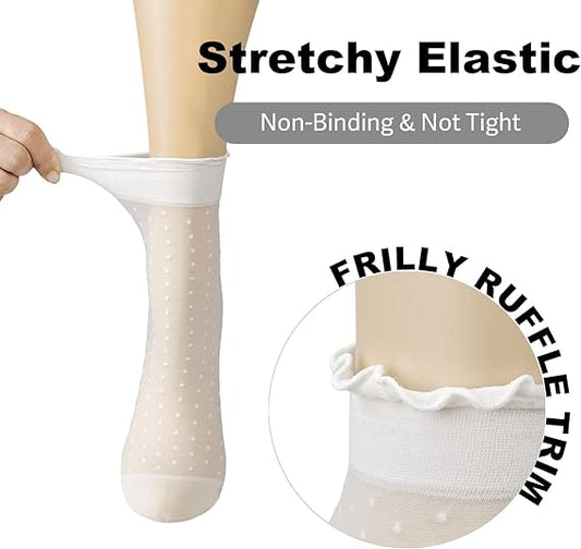12 Pairs Women's Sheer Ruffle Socks Nude Stocking Summer Ultra Thin Cool See Through Silk Ankle Socks for Women