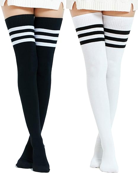 Extra Long Cotton Stripe Thigh High Socks Over the Knee High Plus Size Stockings…