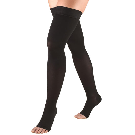 Compression Stockings for Men and Women, Thigh High Length, Dot-Top, Open Toe, Black, Medium