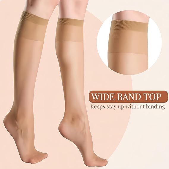Women's Sheer Knee-High Stockings｜Nude Anti-Snag Mid-Calf Socks｜Stretchy Transparent Nylon Hosiery