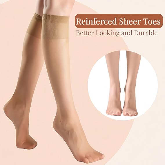 Women's Sheer Knee-High Stockings｜Nude Anti-Snag Mid-Calf Socks｜Stretchy Transparent Nylon Hosiery