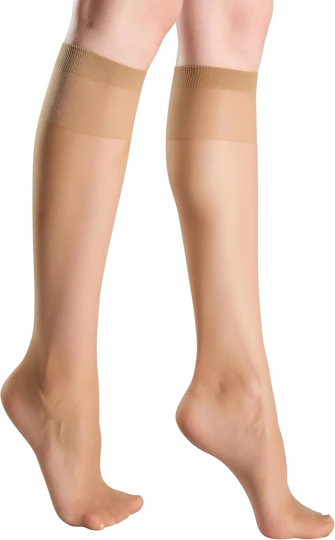 Women's Sheer Knee-High Stockings｜Nude Anti-Snag Mid-Calf Socks｜Stretchy Transparent Nylon Hosiery