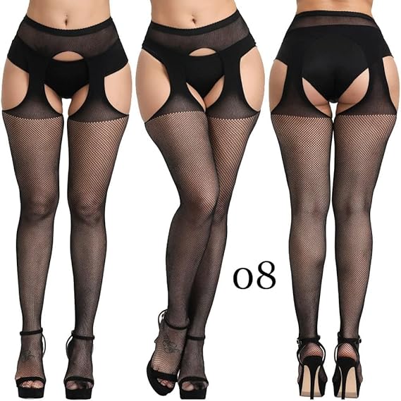 Sexy Black Fishnet Garter Pantyhose｜One-Piece Suspender Stockings with Open Crotch｜High-Waist Lingerie Tights for Women