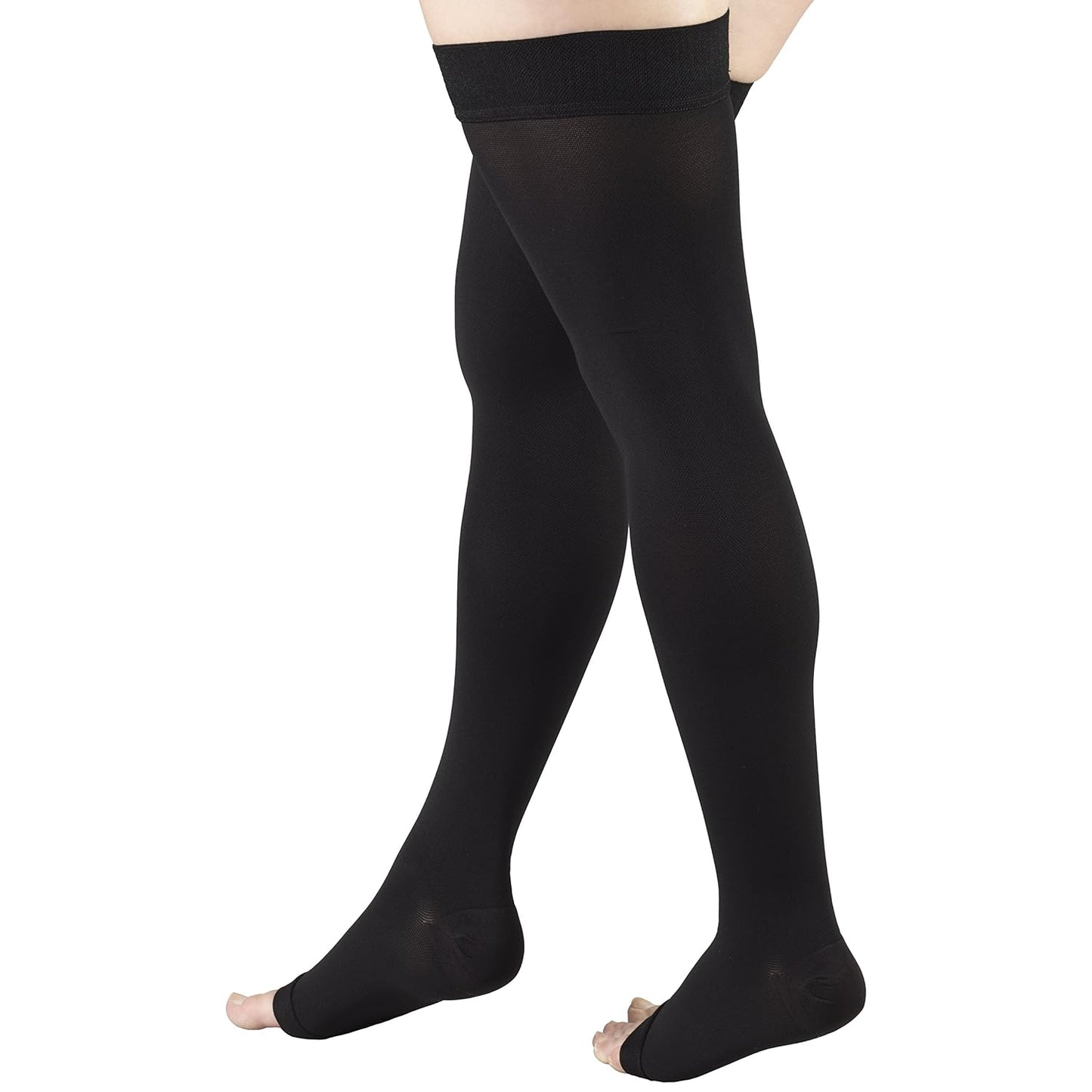 Compression Stockings for Men and Women, Thigh High Length, Dot-Top, Open Toe, Black, Medium