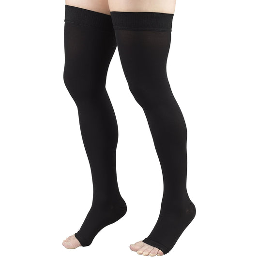 Compression Stockings for Men and Women, Thigh High Length, Dot-Top, Open Toe, Black, Medium