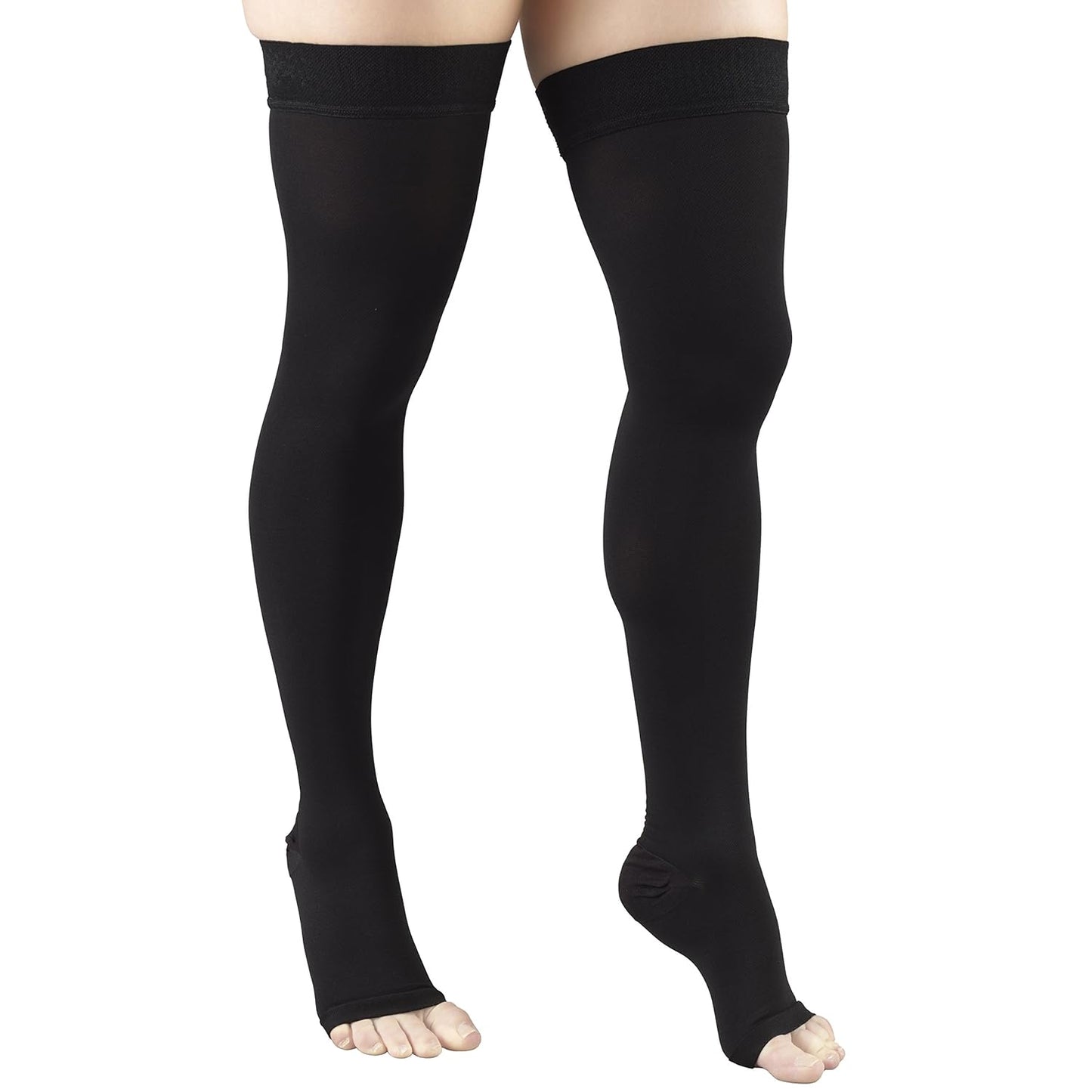 Compression Stockings for Men and Women, Thigh High Length, Dot-Top, Open Toe, Black, Medium